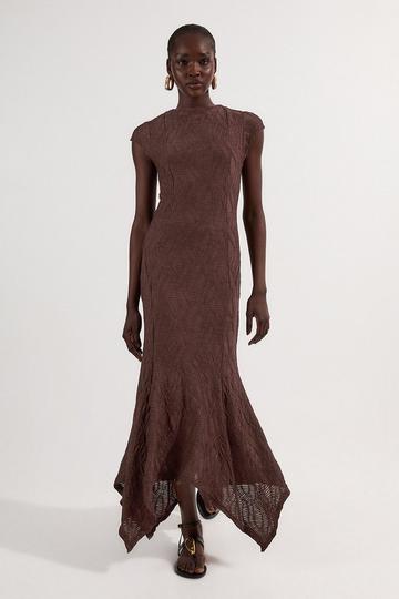 Textured Hanky Hem Short Sleeve Trim Detail Jersey Maxi Dress chocolate