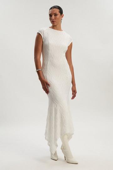 Textured Hanky Hem Short Sleeve Trim Detail Jersey Maxi Dress ivory
