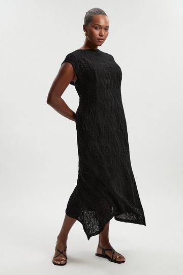 Plus Size Textured Hanky Hem Short Sleeve Trim Detail Jersey Maxi Dress black
