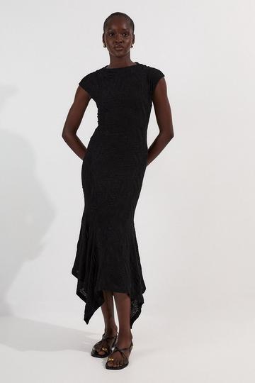 Textured Hanky Hem Short Sleeve Trim Detail Jersey Maxi Dress black