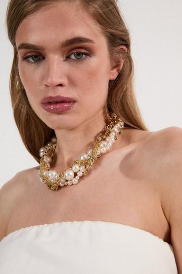 Gold Chain Woven Pearl And Diamante Statement Necklace gold