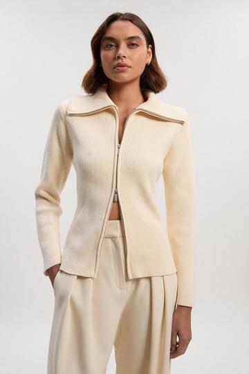 Cream White Cotton Zip Through Collar Knit Cardigan