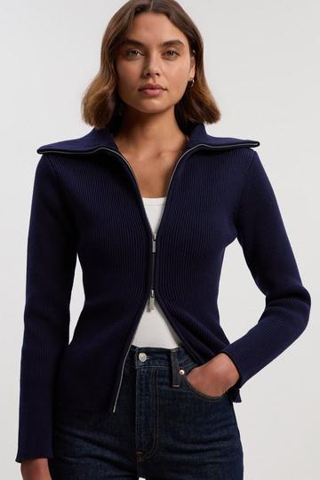 Cotton Zip Through Collar Knit Cardigan navy