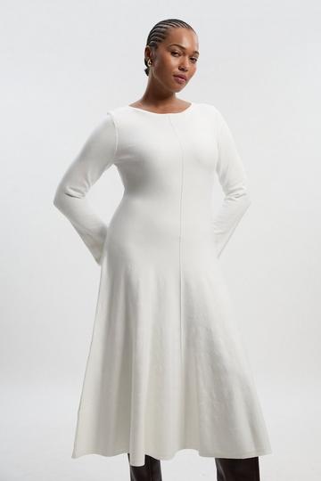 Lydia Millen Plus Size Compact Knit Wool Look Full Skirt Midi Dress ivory