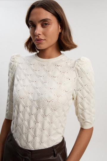 Cream White Cable Stitch Puff Sleeve Top