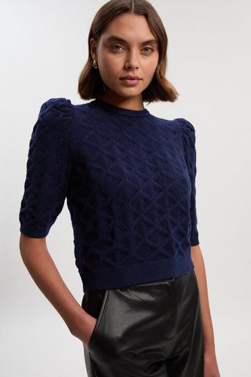 Cable Stitch Puff Sleeve Top navy