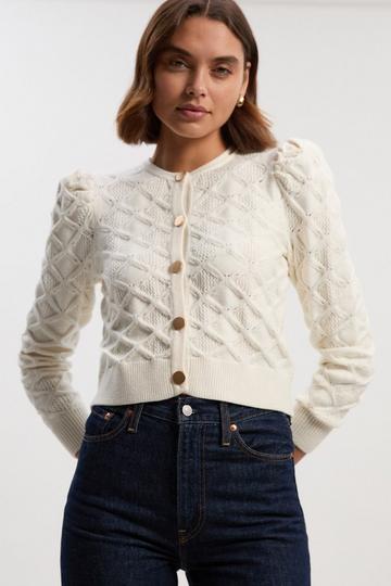 Cable Stitch Puff Sleeve Knit Cardigan cream