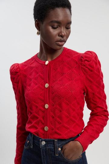 Cable Stitch Puff Sleeve Knit Cardigan red