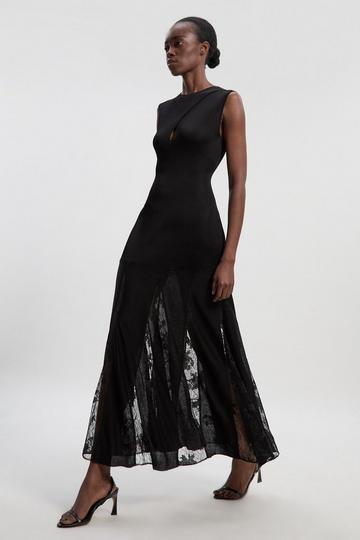 Black Viscose Blend Slinky Sheer Lace Detail Knit Maxi Dress