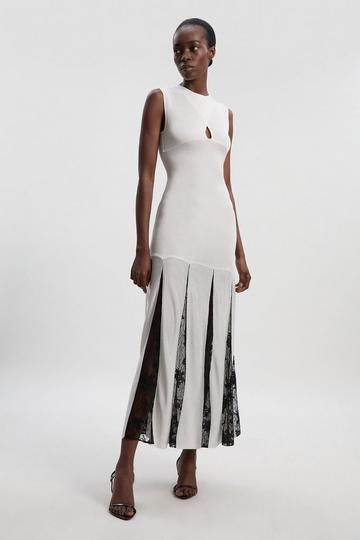 Viscose Blend Slinky Sheer Lace Detail Knit Maxi Dress cream