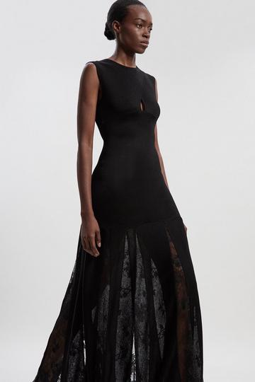 Petite Viscose Blend Slinky Sheer Lace Detail Knit Maxi Dress black
