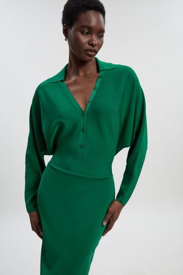 Petite Viscose Blend Slinky Batwing Button Neck Knit Midi Dress green