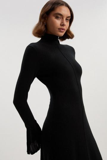 Black Wool And Alpaca Blend Knit Pleated Silk Woven Cuffs Midi Dress