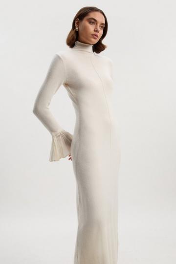 Wool And Alpaca Blend Knit Pleated Silk Woven Cuffs Midi Dress ivory