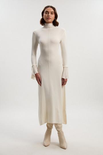 Petite Wool And Alpaca Blend Knit Pleated Silk Woven Cuffs Midi Dress ivory