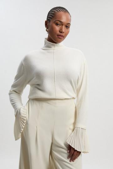 Plus Size Wool And Alpaca Blend Knit Top With Pleated Silk Woven Cuffs ivory