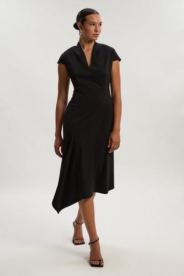 Black Premium Ponte V Neck Asymmetric Front Tailored Midi Dress