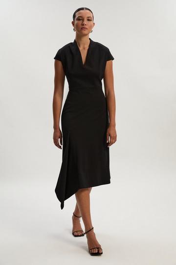 Black Petite Premium Ponte V Neck Asymmetric Front Tailored Midi Dress