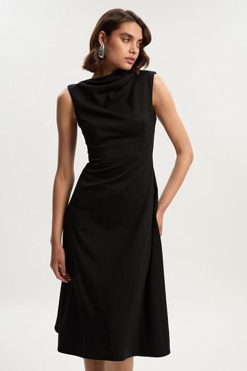 Premium Ponte Sleeveless Asymmetric Front Tailored Midi Dress black
