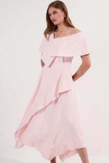Blush Pink Premium Tailored Linen Asymmetric Shoulder Full Midi Dress