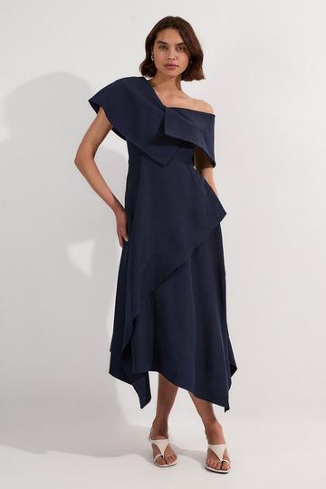 Premium Tailored Linen Asymmetric Shoulder Full Midi Dress navy