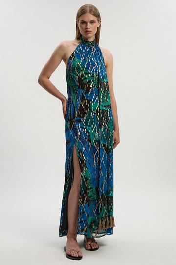 Blue Viscose Metallic Palm Print Halter Neck Maxi Dress