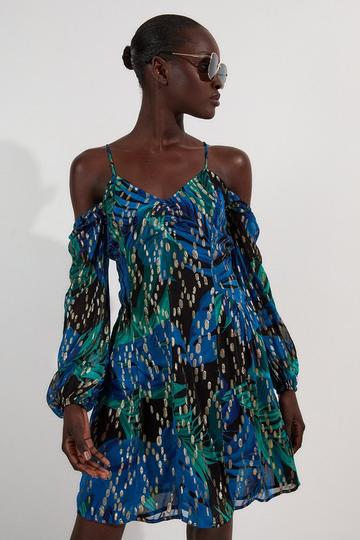 Blue Viscose Metallic Palm Print Cold Shoulder Mini Dress