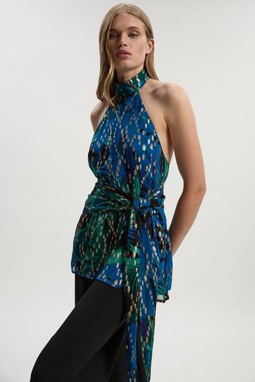 Viscose Metallic Palm Print Halter Neck Top blue