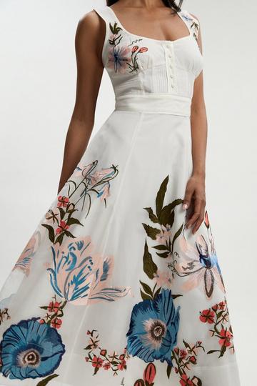 Ivory White Botanical Embroidery Organdie Strappy Midi Dress