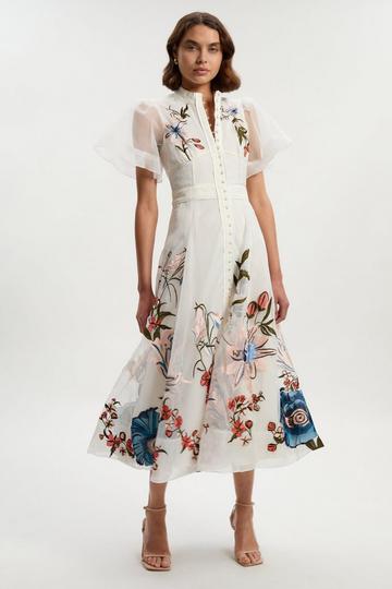 Botanical Embroidery Organdie Angel Sleeve Midi Dress ivory