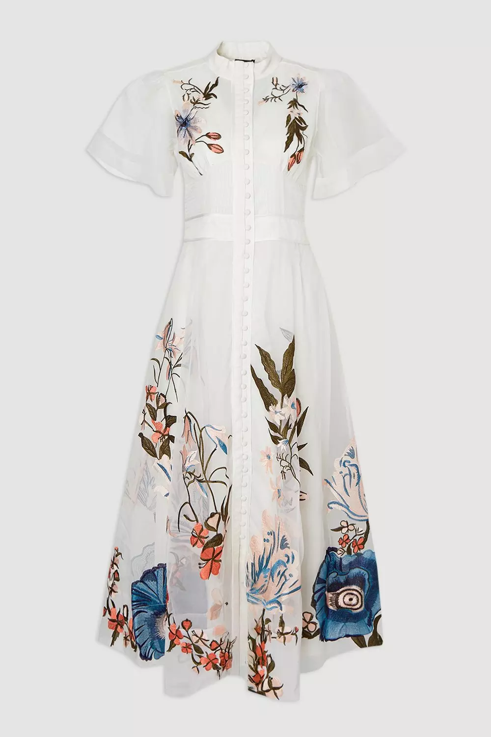 Botanical Embroidery Organdie Angel Sleeve Midi Dress