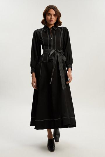 Black Premium Linen Twill Topstitch Woven Maxi Dress