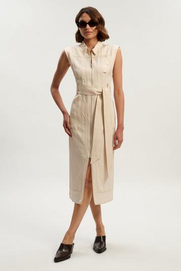 Premium Linen Twill Topstitch Woven Sleeveless Midi Dress ivory