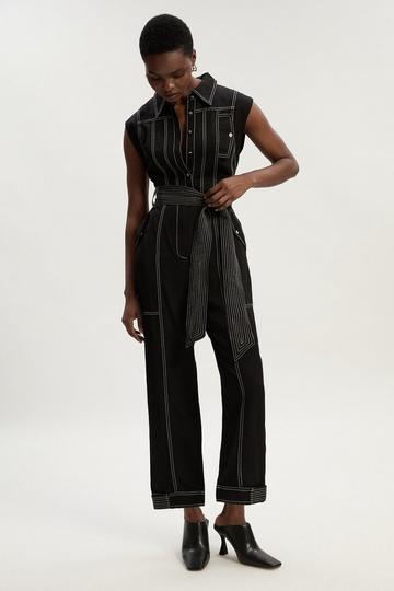 Premium Linen Twill Topstitch Woven Jumpsuit black