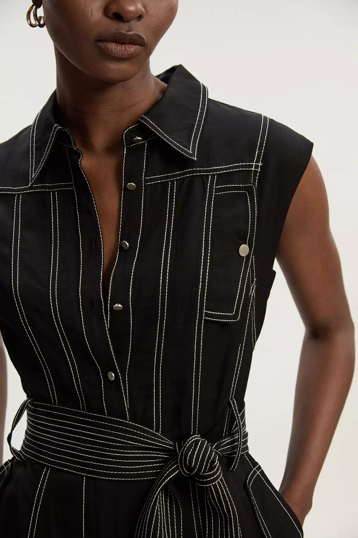 Premium Linen Twill Topstitch Woven Jumpsuit | Karen Millen