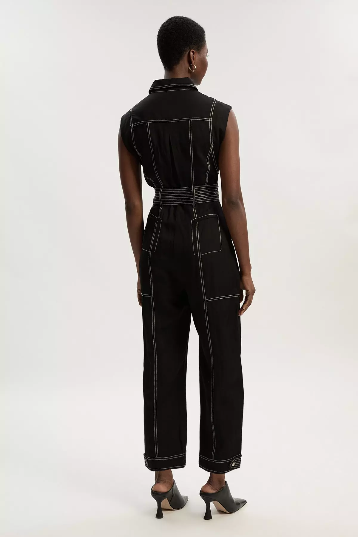 Premium Linen Twill Topstitch Woven Jumpsuit | Karen Millen