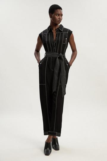 Tall Premium Linen Twill Topstitch Woven Jumpsuit black