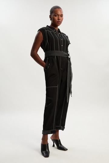 Plus Size Premium Linen Twill Topstitch Woven Jumpsuit black