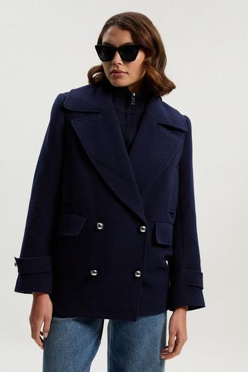 Navy Wool Detachable Knitted Neck Tailored Double Breasted Pea Coat