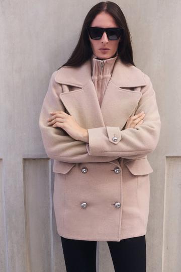 Wool Detachable Knitted Neck Tailored Double Breasted Pea Coat taupe