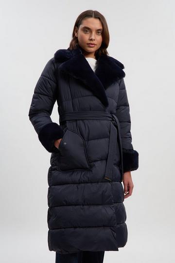 Faux Fur Lined Belted Longline Puffer Coat navy