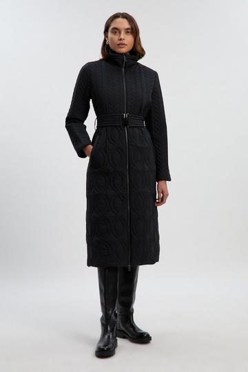 Black Multi Stitch Detail Belted Padded Midi Coat