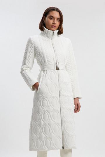 Multi Stitch Detail Belted Padded Midi Coat cream