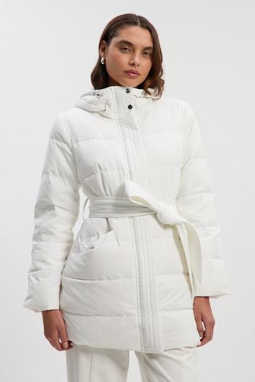 Real Down Belted Midi Coat cream