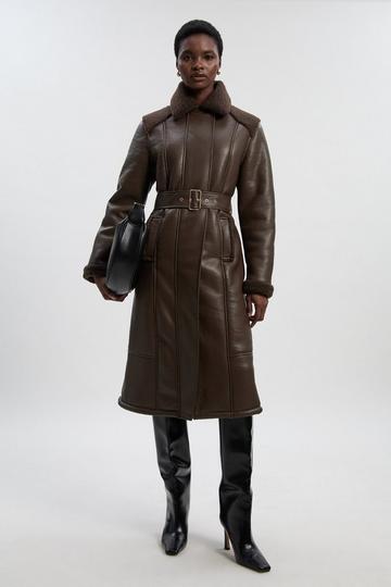 Petite Faux Fur Aviator Longline Coat chocolate