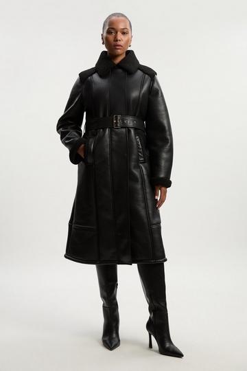 Black Plus Size Faux Fur Aviator Longline Coat