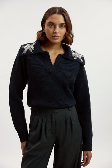 Embellished Cosy V Neck Collar Knit Jumper navy