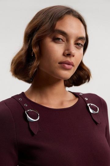 Buckle Trim Long Sleeve Knitted Top burgundy