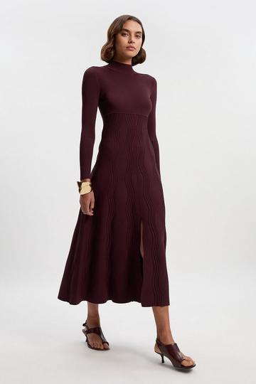 Contrast Wave Knit A-Line Knitted Long Sleeve Dress burgundy