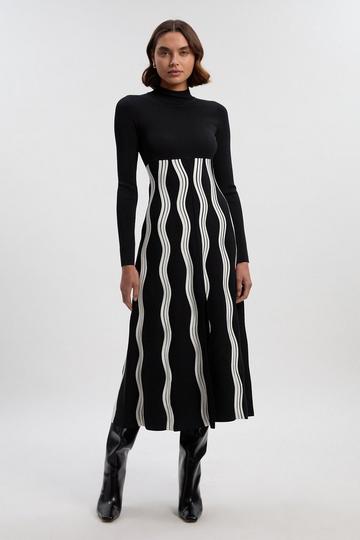 Petite Contrast Wave Knit A-Line Knitted Long Sleeve Dress mono